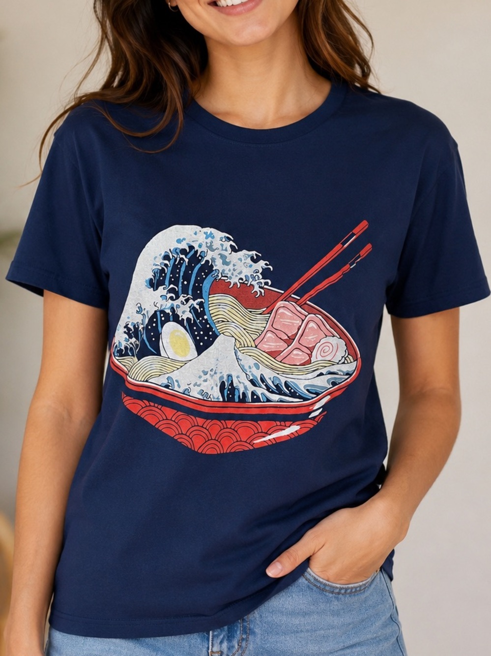 The Great Wave Ramen Unisex Size M Tshirt Navy Blue Graphic Tee Japanese Art